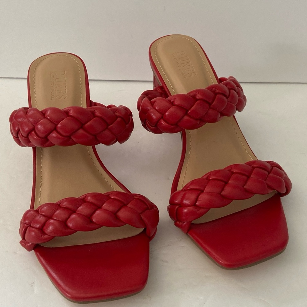 Dunes Women’s 6.5 Red Braided Strap Sandal Block Heel Toe Comfort 3.25in Height